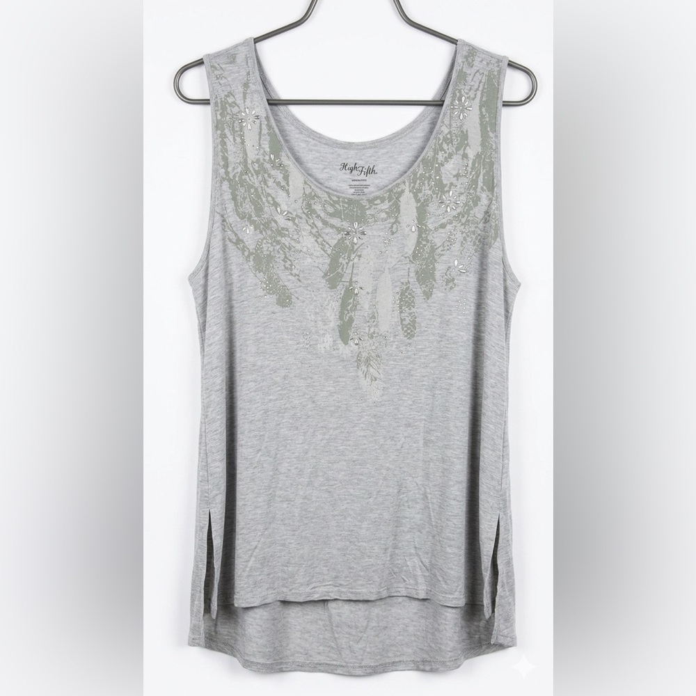 High Fifth 3X Gray Sleeveless Top – Bling, Feathers & Longer Flowing Fit
